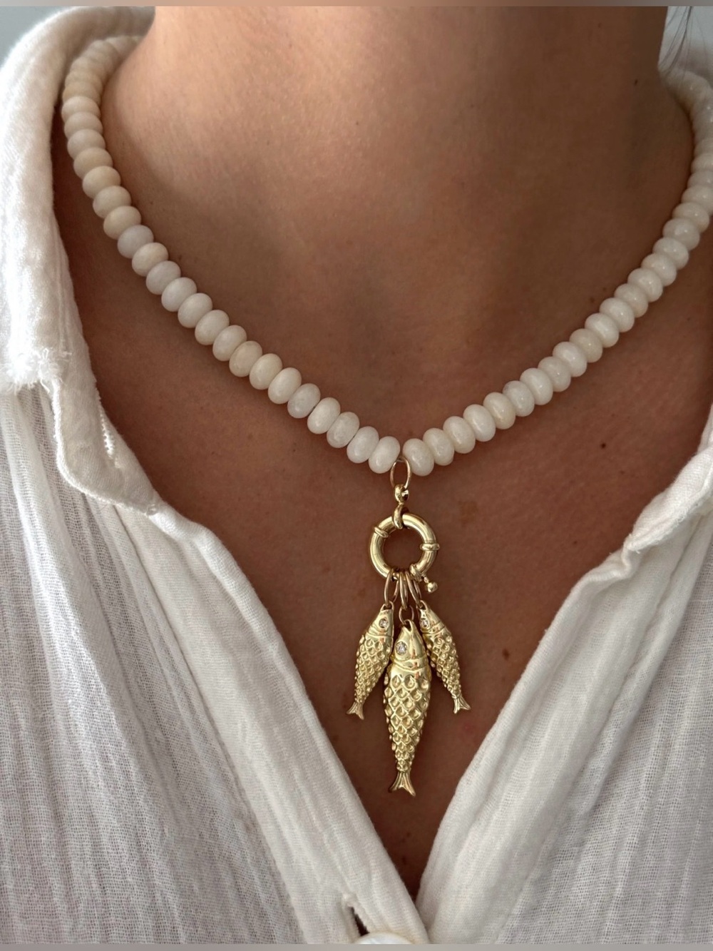 Creamy white Milky Quartz gemstone removable fish necklace New